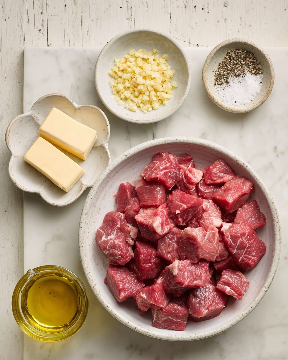 A photo shows four white dishes on a white marbled surface. The largest dish sits on the right and is filled with many raw meat cubes that vary from bright red to pale pink with some white fat. Above this large dish is a small round dish with coarse salt on one half and black pepper on the other half. To the left of the large bowl is a small round dish with finely chopped yellow garlic. Below the garlic is a small flower-shaped dish holding two pale yellow butter slices. At the bottom left corner is a small clear glass container with golden olive oil inside. photo taken with an iphone --ar 4:5 --v 7