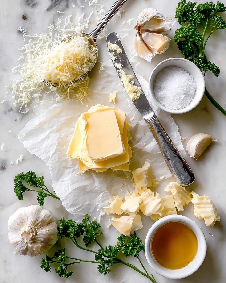 The image shows a white marbled surface with various cooking ingredients arranged neatly. At the center is a small stack of soft yellow butter on a piece of wax paper with a shiny butter knife beside it, smeared with some butter. To the top right, there is a small white bowl filled with coarse salt. Below the butter, several garlic cloves with white and light brown skins are scattered. To the left, a silver measuring spoon holds finely shredded white cheese, and nearby are small chunks of harder cheese with crumbly texture. Sprigs of fresh green parsley lie around the ingredients, adding a splash of color. In the bottom right corner, a small white bowl contains a golden brown liquid, possibly oil or broth. photo taken with an iphone --ar 4:5 --v 7