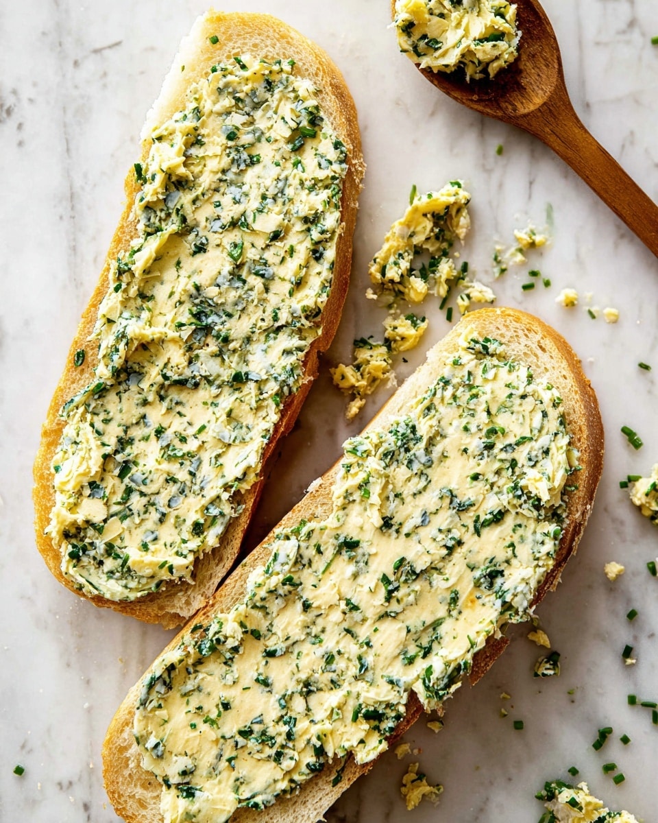 Two slices of bread lie flat on a white marbled surface, each thickly spread with a creamy mixture speckled with finely chopped green herbs. The mixture looks smooth yet textured, with bits of green evenly mixed throughout the pale yellow spread. Small bits of the spread and herbs are scattered around the bread, adding a natural, fresh look. In the top right corner, a wooden spoon with some leftover spread rests on the surface. The crust of the bread is a light golden brown, and the inside is soft with a slightly porous texture. photo taken with an iphone --ar 4:5 --v 7