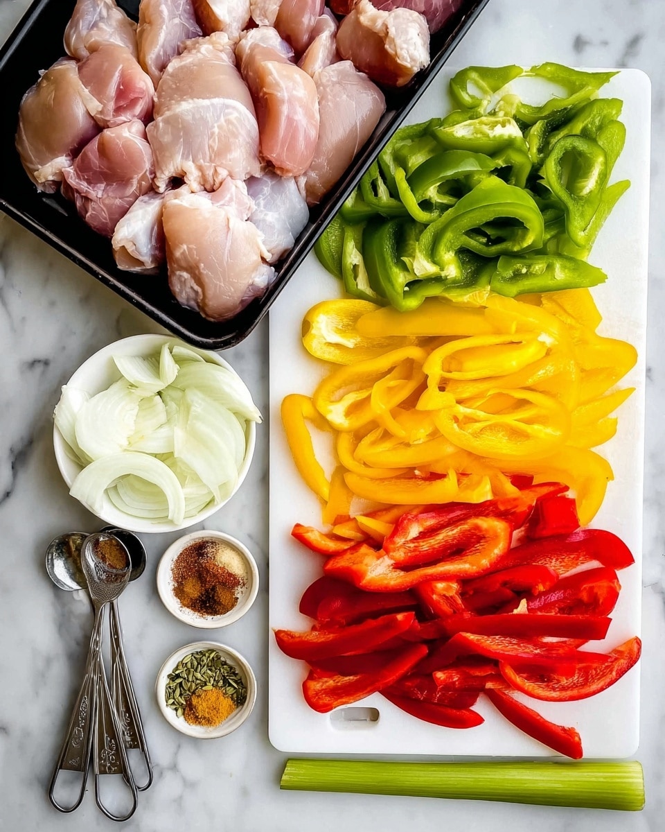 The image shows raw chicken pieces in a black tray placed on a white marbled surface. In front of the tray, there is a white cutting board with sliced green, yellow, and red bell peppers arranged in neat vertical rows from left to right, with sliced white onions on the leftmost side. Below the cutting board on the white marbled surface, a white small bowl holds different spices in separate sections, next to a set of silver measuring spoons. There is also a green bell pepper stem and seeds on the bottom right. photo taken with an iphone --ar 4:5 --v 7