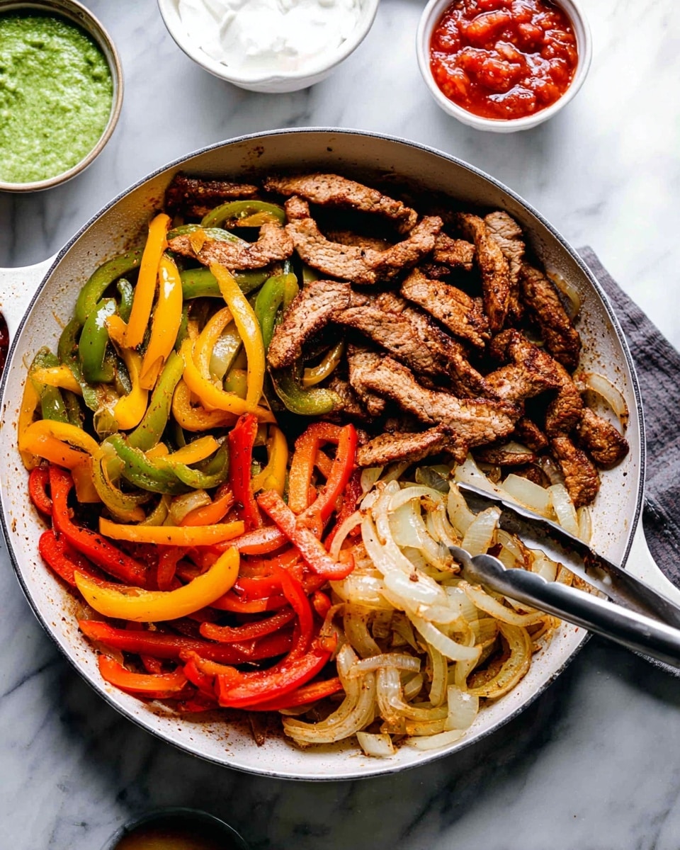 A large black pan filled with 3 layers: the bottom is made of thick, dark seared strips of cooked meat that have a rich brown color and textured surface, the middle layer shows thin rings and slices of cooked onions in light golden and translucent white hues, and the top layer consists of vibrant, sliced bell peppers in green, yellow, and red, some curved and some straight, all mixed together. The pan is placed on a white marbled surface with a crumpled white cloth with blue stripes underneath the pan handle. Photo taken with an iphone --ar 4:5 --v 7