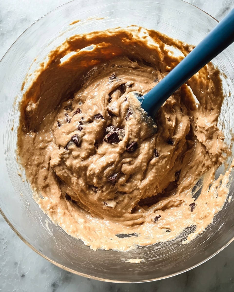 A close-up view of creamy light brown chocolate batter mixed with small dark chocolate chunks, inside a clear glass mixing bowl. A dark blue spatula is partially inserted, resting on the thick, smooth batter, with some batter clinging to its edges. The bowl sits on a white marbled surface. The texture of the batter looks thick and slightly lumpy with glossy spots, showing it is well mixed but still soft photo taken with an iphone --ar 4:5 --v 7