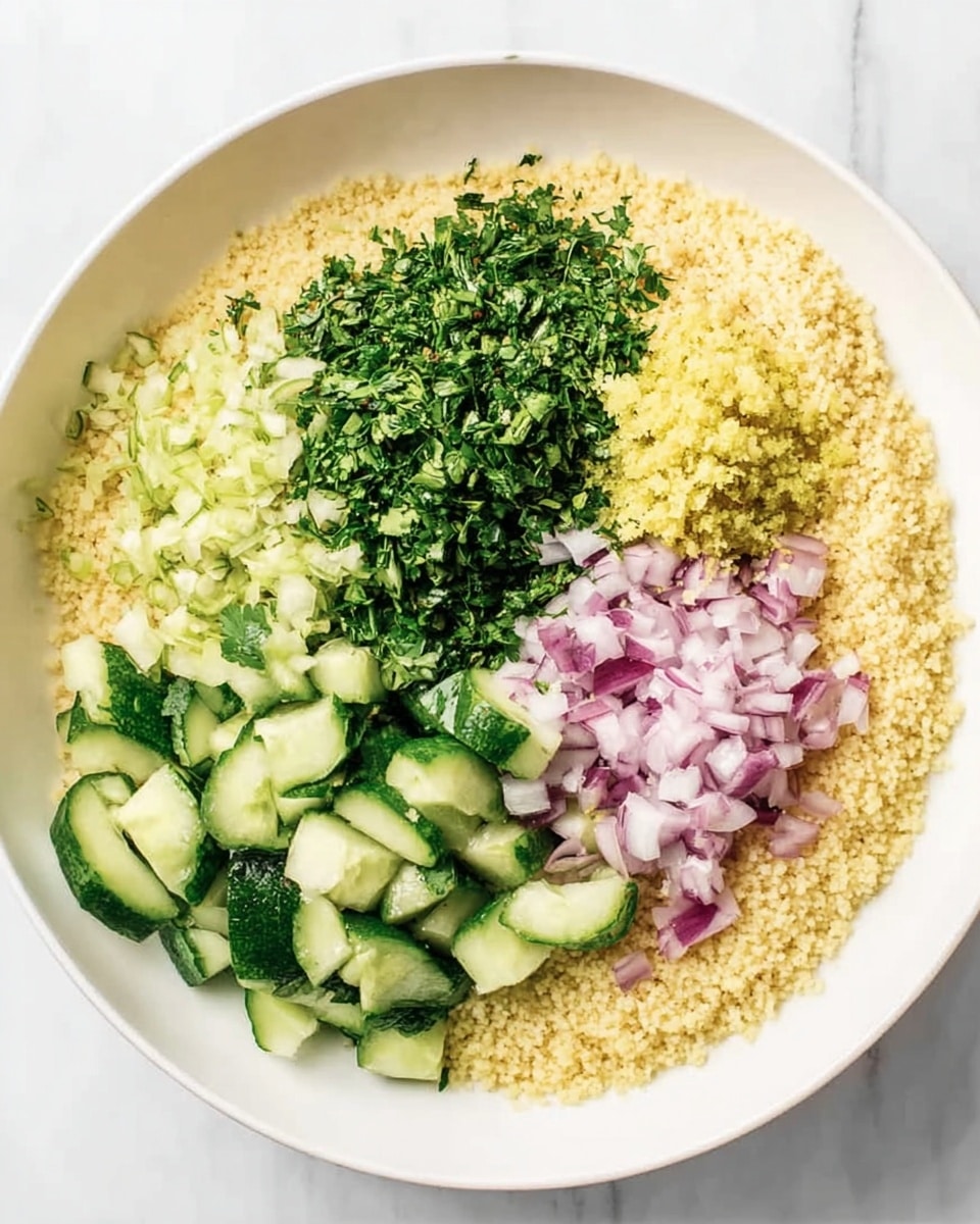 A white bowl filled with a base layer of light yellow couscous covering the entire bottom. On top, five separate piles of ingredients are arranged in a circular pattern: bright green finely chopped herbs at the top center, finely chopped pale yellow garlic or ginger slightly to the right of the herbs, small diced light purple onion pieces to the right, dark green chopped mint leaves at the bottom, and medium-sized chopped cucumber pieces with dark green skin on the left. The bowl is placed on a white marbled surface. photo taken with an iphone --ar 4:5 --v 7