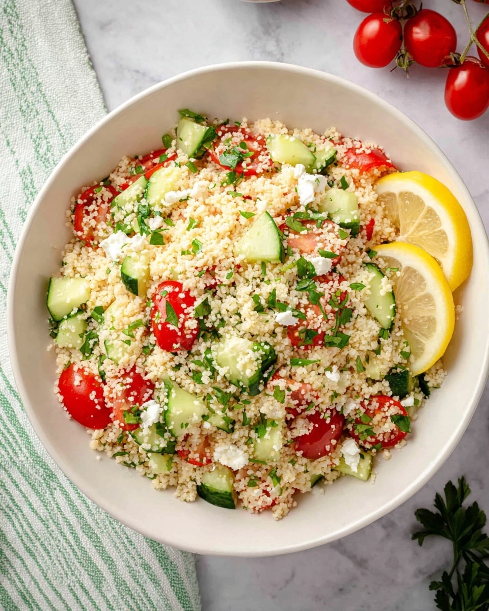 The dish shows a white bowl filled with three main layers: the bottom layer is light-colored couscous grains mixed evenly with small green pieces of herbs, the middle layer features bright red cherry tomato halves and pale green cucumber slices distributed throughout, and the top layer is sprinkled with finely chopped green herbs and small white crumbles of cheese. Two thin lemon slices rest on the edge of the bowl. The bowl sits on a white marbled surface with a light green and white striped cloth to the side and a few red cherry tomatoes nearby. photo taken with an iphone --ar 4:5 --v 7