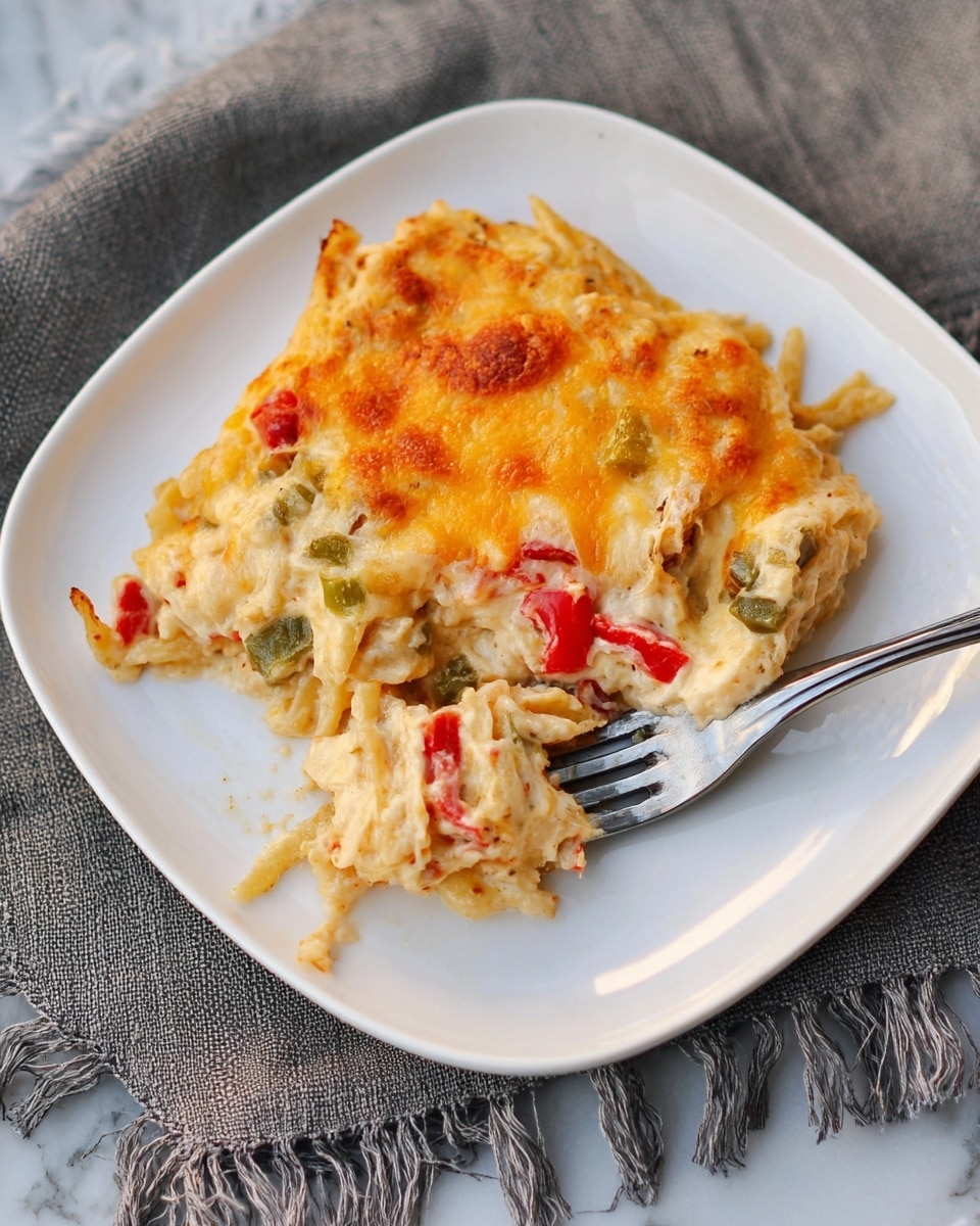 A square white plate holds a creamy dish with melted cheese covering three main layers: a base of light yellow baked noodles, a middle mix of small green and red vegetable pieces, and a top golden layer of slightly browned cheese. A fork is partially inserted into the dish on the right side, pressing down slightly. The plate sits on a textured gray cloth with fringed edges, all on a white marbled surface. Photo taken with an iphone --ar 4:5 --v 7