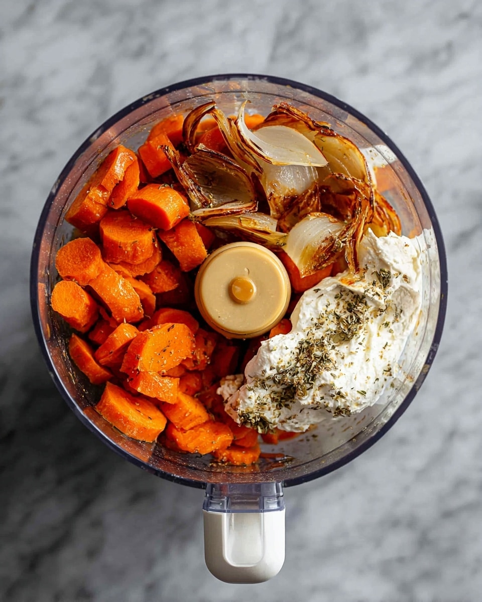 A clear food processor bowl filled with three layers of ingredients: the bottom layer is roasted carrot pieces in bright orange with some roasted onion slices in light brown and caramel tones scattered on top, next to the carrots on one side is a thick white soft creamy cheese or yogurt with specks of herbs, and above the cheese is a round dollop of light brown smooth honey or syrup. The bowl is set on a white marbled surface, with a white handle for the food processor visible at the bottom. Photo taken with an iphone --ar 4:5 --v 7