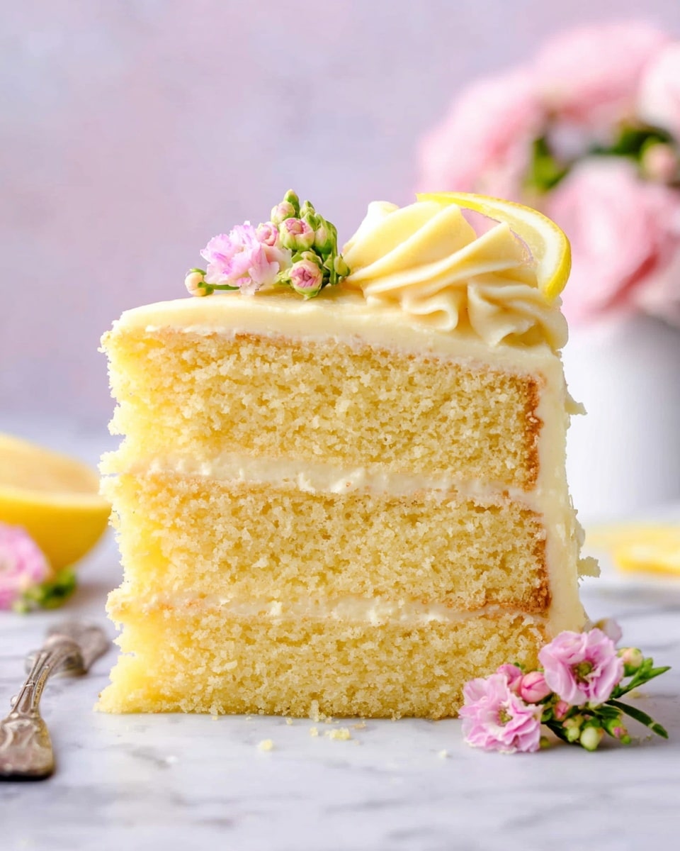 A slice of three-layer yellow cake with light yellow frosting between each soft crumb layer sits on a white marbled surface. The top layer is decorated with a swirl of creamy frosting, topped with a small, thin slice of lemon and a small pink flower with green buds. More small pink flowers with green buds lie next to the cake slice on the surface. The background is softly blurred with pastel colors, including blurry pink flowers in a white vase. Photo taken with an iphone --ar 4:5 --v 7