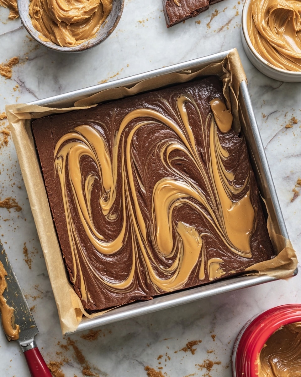 A metal square pan lined with brown parchment paper holds a thick layer of dark brown chocolate batter. On top, there are swirls of smooth, light brown peanut butter, creating long, flowing patterns that stretch from one end of the pan to the other, blending into the chocolate layer. The surface beneath the pan shows a white marbled texture scattered with small brown crumbs, a bowl with more peanut butter, a knife with peanut butter on it, and a red-lid jar partially visible in the corner. photo taken with an iphone --ar 4:5 --v 7