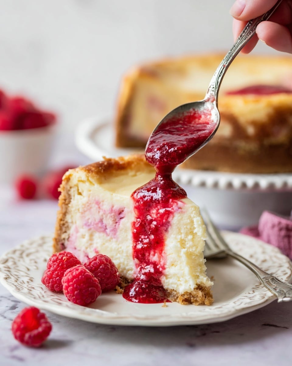 A thick slice of cheesecake with a golden-brown crumb crust sits on a white plate with a delicate pattern. The cheesecake has creamy, pale yellow layers with some pink swirls inside, topped with vibrant red raspberry sauce being poured over it by a silver spoon held by a woman's hand above. Around the plate are fresh raspberries, and in the blurry background, the rest of the whole cheesecake with the crust and similar red sauce on top is seen on a white plate. The setting is on a white marbled surface with soft light. photo taken with an iphone --ar 4:5 --v 7