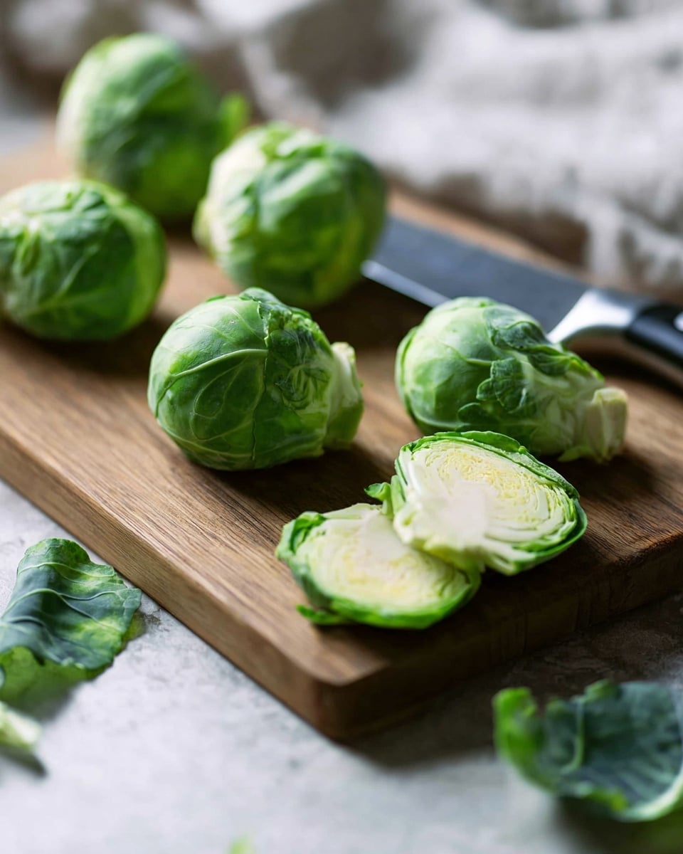 The image shows a wooden cutting board with several whole and halved bright green Brussels sprouts placed on it. The sprouts have a crisp texture with visible veins on their leaves. A sharp knife with a black handle lies flat on the board, partly under one whole sprout. A few loose green leaves are scattered around the board. The background has a soft, white marbled texture with a blurred fabric in the distance. The focus is on the Brussels sprouts and knife, creating a fresh and simple vegetable prep scene. photo taken with an iphone --ar 4:5 --v 7