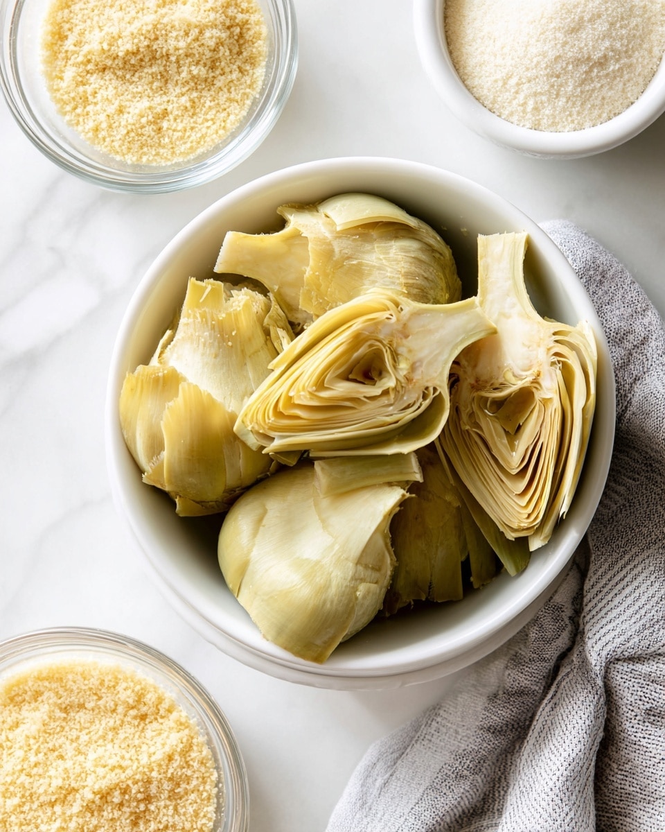 A white bowl filled with several pale yellow artichoke hearts with soft, layered textures and visible folds stacked inside, placed on a white marbled surface next to two small clear glass bowls containing fine breadcrumbs of light beige color and a white bowl with coarse, fluffy breadcrumbs; a gray and white striped cloth is nearby, adding a soft fabric detail, photo taken with an iphone --ar 4:5 --v 7