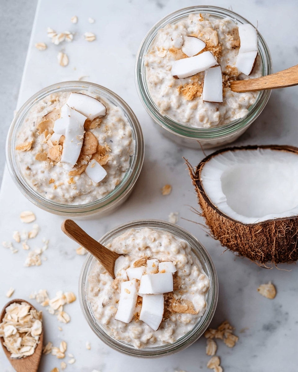 Three clear glass bowls filled with a thick, creamy oatmeal layer that has a light beige color mixed with white, topped with three pieces of white coconut with brown skin on top. Two of the bowls each have a small wooden spoon resting inside, one spoon visible inside the bowl in the front right, and another in the top left bowl. The bowls are placed on a white marbled surface with some scattered oat flakes and coconut pieces around. To the right side, there is a split coconut shell showing the white inside and brown textured outer shell, adding a natural touch. photo taken with an iphone --ar 4:5 --v 7