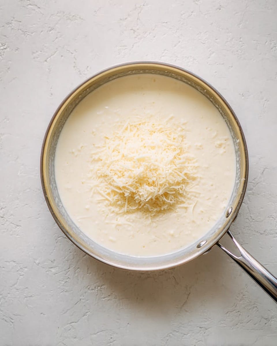 A silver pan filled with a thick, creamy white sauce topped with a small mound of finely grated pale yellow cheese in the center, sitting on a white marbled surface, the pan handle extends out to the right photo taken with an iphone --ar 4:5 --v 7