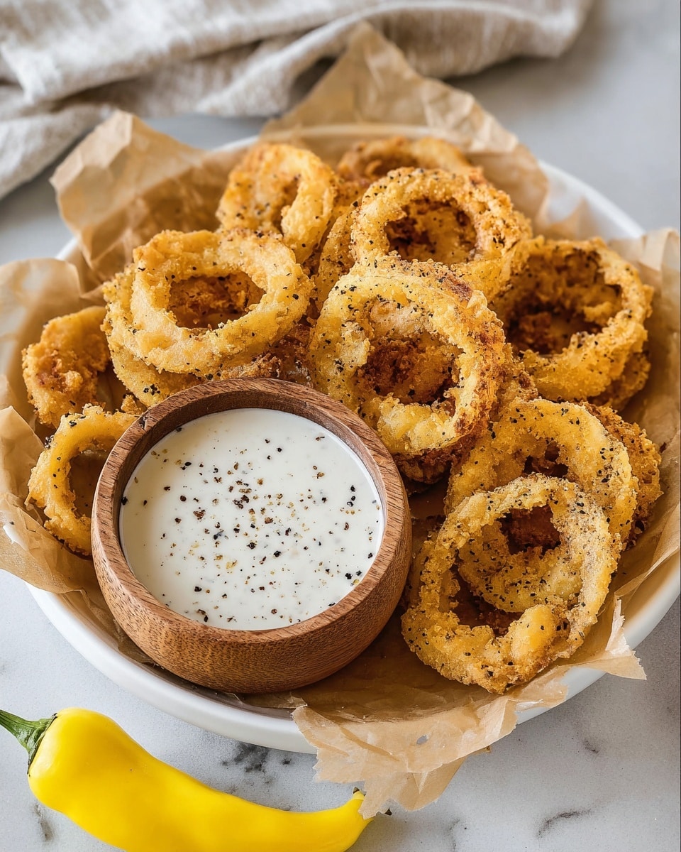 A white plate lined with crumpled brown paper holds a pile of golden brown fried onion rings, each ring showing a crispy, rough texture with black pepper specks on the surface. In the center of the plate, a small wooden bowl is filled with a smooth white dipping sauce sprinkled with cracked black pepper. Two yellow chili peppers rest near the plate, all set on a white marbled surface with a light-colored cloth in the background. photo taken with an iphone --ar 4:5 --v 7