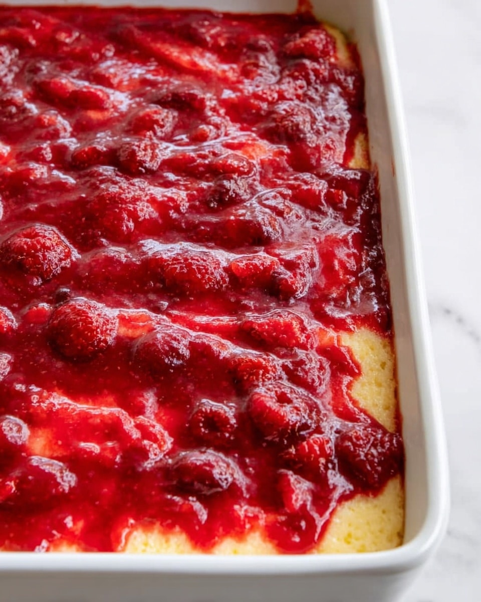 The image shows a rectangular white baking dish filled with a dessert made of at least two layers; the bottom layer appears to be a light yellow, soft and moist cake, while the top layer is a thick, glossy, bright red raspberry sauce with whole raspberries visible, spreading unevenly over the cake layer, some parts showing the cake underneath. The dish rests on a white marbled surface. The photo taken with an iphone --ar 4:5 --v 7