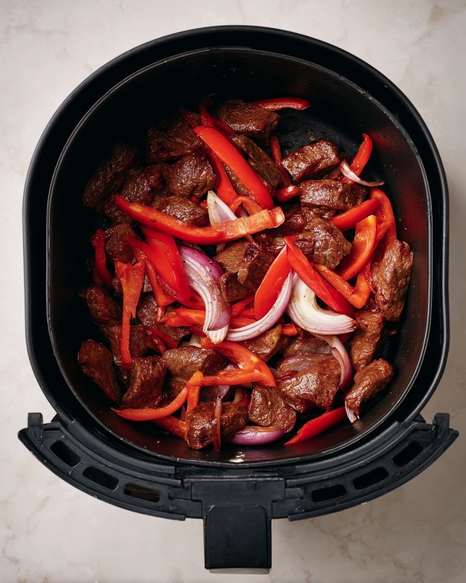 Inside a black air fryer basket, there is one layer of raw meat pieces that are dark brown and glossy, mixed with bright red bell pepper strips and light purple onion slices. The meat pieces are uneven in size and shape, spread evenly throughout the basket, with the vegetables scattered in between and over the meat. The basket sits on a white marbled surface. photo taken with an iphone --ar 4:5 --v 7