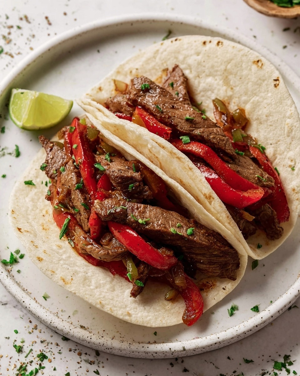 Two soft, white tortillas lie side by side on a white marbled plate. Each tortilla holds a filling of browned, tender beef strips layered with bright red cooked bell peppers and small bits of green herbs scattered on top. The beef looks juicy with a slightly crispy outside texture, and the peppers add a smooth shine and vibrant color contrast. A lime wedge with a light green rind sits near the edge of the plate. The background is a white marbled surface with scattered herbs and bits of seasoning around the plate. photo taken with an iphone --ar 4:5 --v 7
