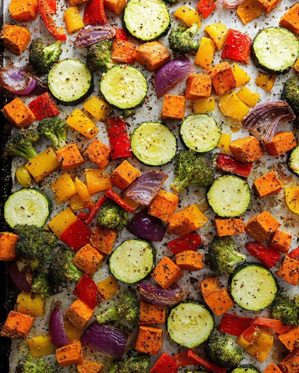 The image shows a single layer of various roasted vegetables spread on a baking sheet with a white marbled texture underneath. The vegetables include round green zucchini slices, small orange carrot rounds, rough-cut orange sweet potato cubes, red and yellow bell pepper pieces, small broccoli florets, and purple-red onion chunks. Each vegetable has a slightly roasted texture with some blackened edges and a light sprinkling of black pepper visible on top. The colors are bright and vivid, creating a mix of green, orange, red, yellow, and purple scattered unevenly across the sheet. The overall look is fresh and ready to eat, with a lightly charred and seasoned effect. Photo taken with an iphone --ar 4:5 --v 7