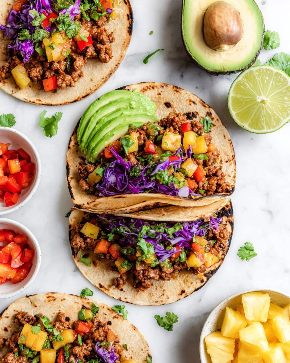 The image shows three open tortillas on a white marbled surface, each topped with layers of cooked ground meat mixed with small pineapple pieces and diced red bell peppers. One tortilla is garnished with sliced avocado on the left side and purple cabbage pieces scattered on top along with fresh green cilantro leaves. A halved avocado with the pit inside and a halved lime sit nearby, along with a small white bowl of diced red bell peppers and another white bowl of pineapple chunks. The tortillas have a slightly toasted texture with char marks, and the overall scene is bright and fresh. photo taken with an iphone --ar 4:5 --v 7
