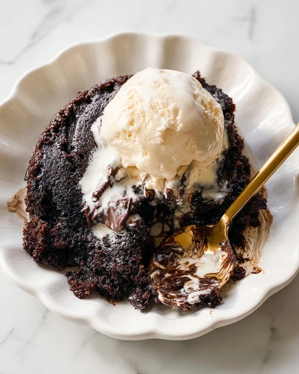 A white scalloped-edged plate holds a dark, rich chocolate pudding with a rough, moist texture forming the bottom and outer layer. On top, there is a layer of creamy, light beige ice cream that is slightly melting into the chocolate, creating a mix of smooth and soft textures. A gold spoon is partly inserted into the pudding near the right side of the plate, with some pudding and ice cream collected on it. The whole plate sits on a white marbled surface. Photo taken with an iphone --ar 4:5 --v 7
