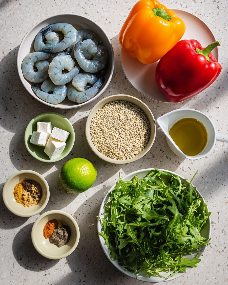 The image shows an overhead view of various fresh ingredients arranged neatly on a white marbled surface. In the top left, there is a white bowl filled with several raw, peeled shrimp, their blue-gray shells visible. To the right of that, a white plate holds an orange bell pepper and a red bell pepper, both glossy and whole. Below the shrimp, two green limes rest on a light green small plate. In the middle, a beige bowl contains dry quinoa grains that are small and pale. Next to it, a white bowl has chunks of white feta cheese. Small beige dishes hold spices: one with a yellowish powder, another with a brown ground spice, and a small white pouring cup contains golden olive oil. Finally, a large white bowl at the bottom right is filled with fresh green arugula leaves that look crisp and vibrant. The lighting is natural and bright, enhancing the colors of the ingredients photo taken with an iphone --ar 4:5 --v 7
