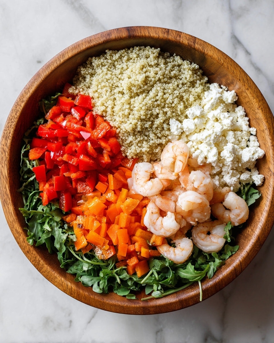 In a round wooden bowl, there are five layers of food arranged separately. The bottom layer is green leafy arugula spread in a circle along the edge of the bowl. Above the arugula, on the left, there is a layer of red and orange chopped bell peppers. Next to the peppers, moving clockwise, is a layer of cooked white quinoa. Beside the quinoa, there is a pile of crumbly white cheese. The last layer, on the right side, consists of cooked shrimp with a light orange and white color. The bowl is placed on a white marbled surface. Photo taken with an iphone --ar 4:5 --v 7