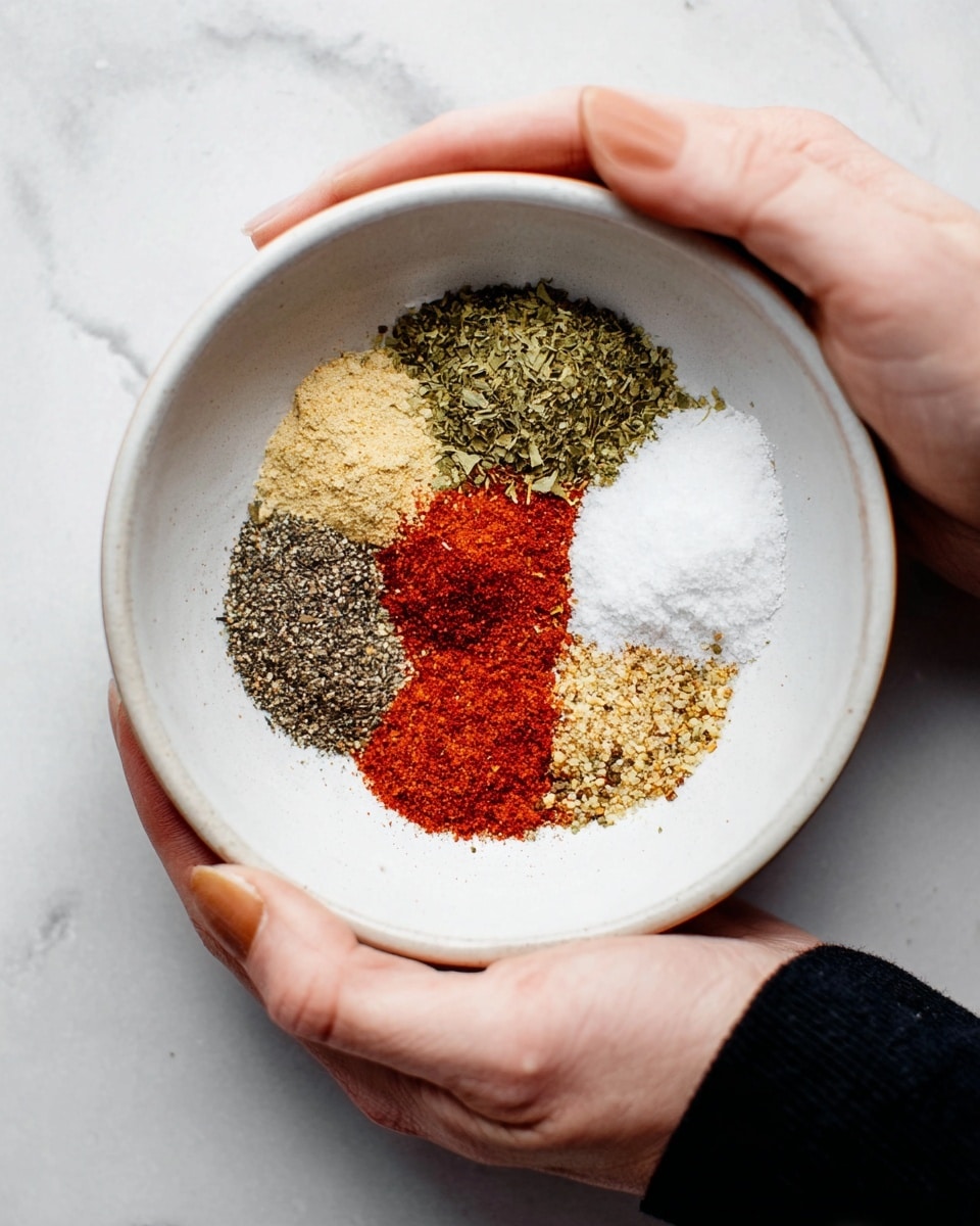 A white bowl held gently by a woman's hands contains five distinct piles of spices arranged in a circular pattern. Starting from the top and moving clockwise, there are green dried herbs with a coarse texture, bright white salt crystals, vibrant red paprika powder, coarse black pepper, and light tan granulated garlic. The bowl rests against a white marbled surface, highlighting the colorful spices inside. Photo taken with an iphone --ar 4:5 --v 7