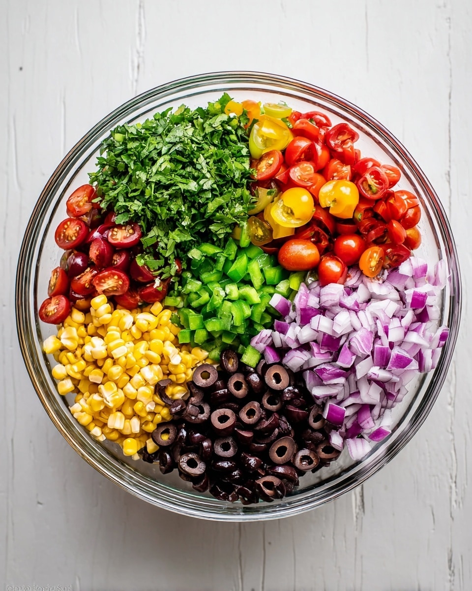 A clear glass bowl filled with seven evenly divided layers of fresh ingredients sitting on a white marbled surface. Starting from the top left and moving clockwise, there is a pile of bright green chopped cilantro, a mix of red, yellow, and purple cherry tomato halves, finely chopped purple onions, bright yellow corn kernels, small diced green bell peppers over diced red bell peppers, sliced black olives, and shiny black beans in the center. The colors are vibrant and the textures vary from soft to crisp, creating a fresh and colorful mix. photo taken with an iphone --ar 4:5 --v 7