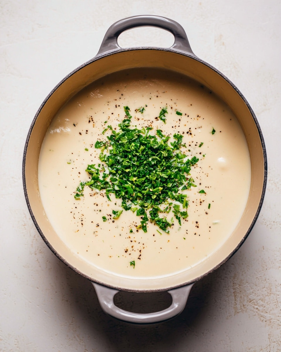 A round grey pot with two handles holds a smooth, creamy light beige soup or sauce as the main layer, topped with a small pile of finely chopped vibrant green herbs at the center and sprinkled with tiny black pepper spots evenly across the surface. The pot rests on a white marbled texture surface with soft natural lighting. photo taken with an iphone --ar 4:5 --v 7