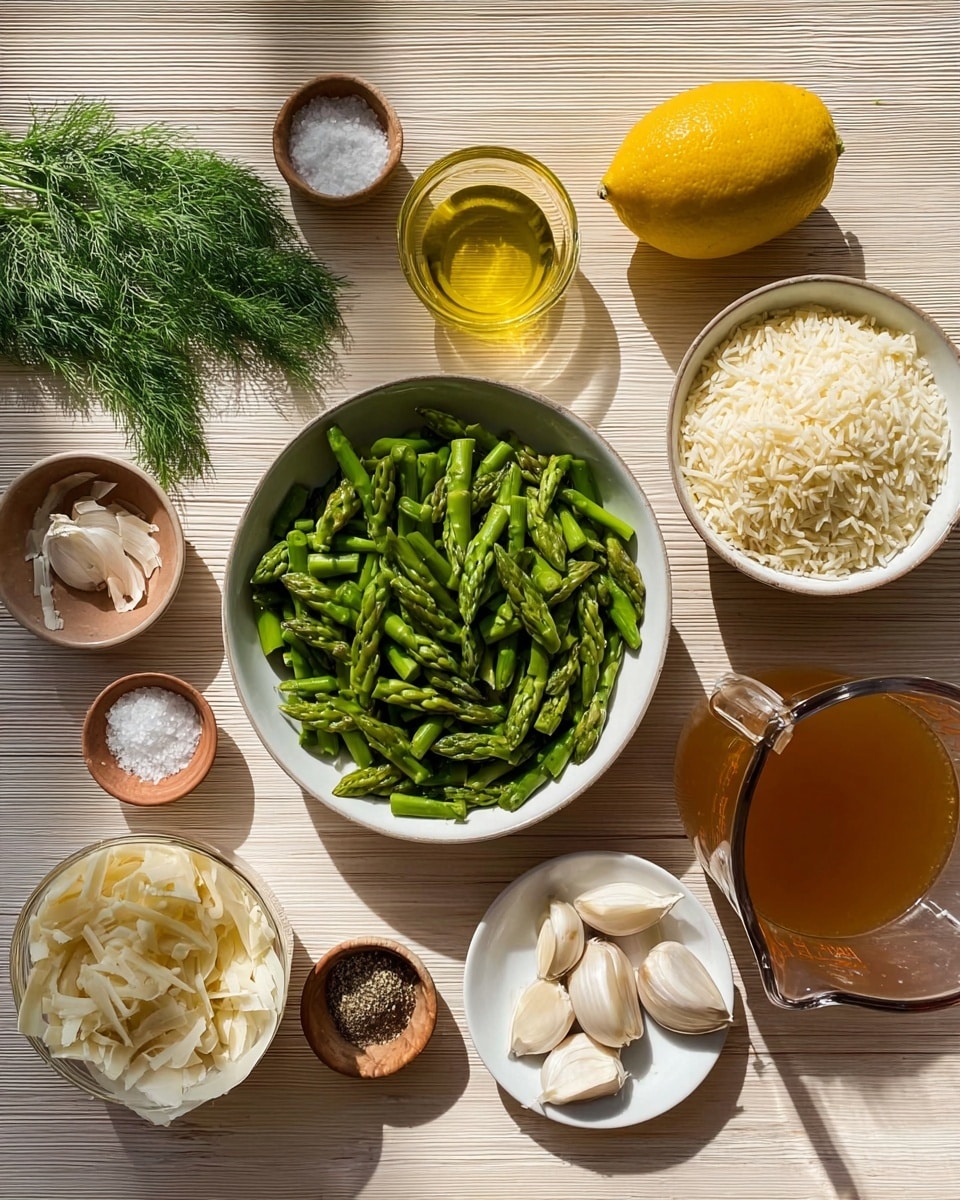 The image shows a collection of ingredients laid out on a light wood surface. There is one white bowl filled with chopped green asparagus, another white bowl holding shredded pale yellow cheese, and a third white bowl with white rice grains. Surrounding these are a whole yellow lemon, a whole brown onion, a small glass cup with golden olive oil, a bunch of green fresh dill on a small white plate, three peeled garlic cloves, two small brown dishes containing salt and black pepper, and a glass measuring cup with warm brown broth. The scene is lit with natural light creating soft shadows. Photo taken with an iphone --ar 4:5 --v 7