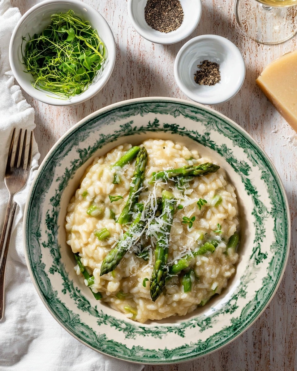 A bowl with a green floral pattern holds creamy risotto topped with pieces of bright green asparagus spears, sprinkled with grated white cheese and small green herb leaves. The risotto has a smooth and soft texture with light yellow and white rice grains. To the top left, there is a small white bowl filled with finely sliced fresh green herbs. Nearby are two small white bowls, one with black pepper and the other with grated cheese. A fork wrapped in a white cloth napkin rests beside the bowl, all placed on a surface with a white marbled texture. The light shines softly from the top right corner, making the dish look fresh and inviting. photo taken with an iphone --ar 4:5 --v 7