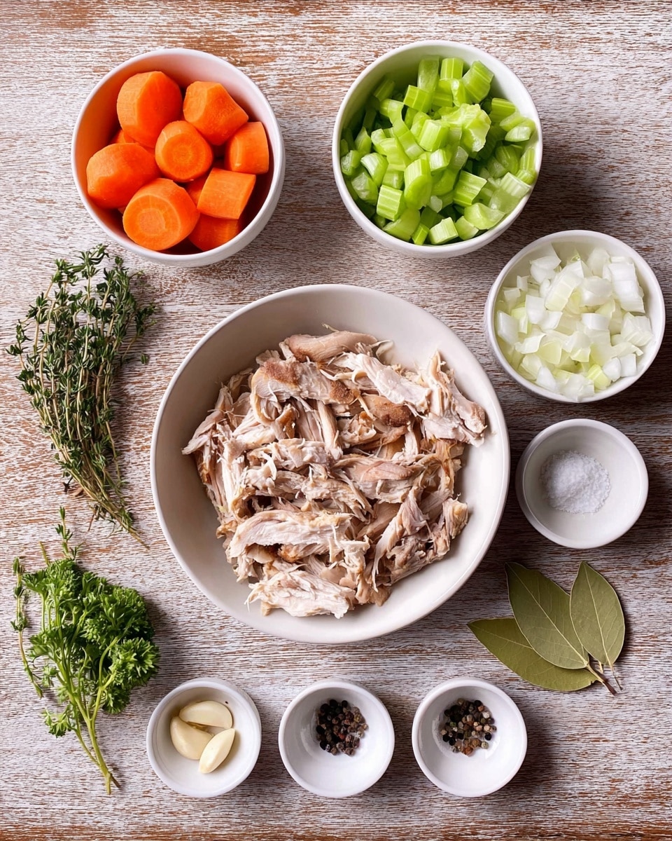 The image shows several ingredients arranged neatly on a wooden surface with a white marbled texture background. In the center, a white bowl holds shredded cooked chicken with a mix of light beige and brown colors and soft textures. Surrounding it are smaller white bowls: one with bright orange carrot slices at the top left, another with diced green celery at the top right, and one with quartered white onion pieces at the bottom right. Fresh green parsley and thyme sprigs lie to the left of the chicken, and three small white dishes below contain sliced garlic, whole black peppercorns with salt, and two green bay leaves. Photo taken with an iphone --ar 4:5 --v 7