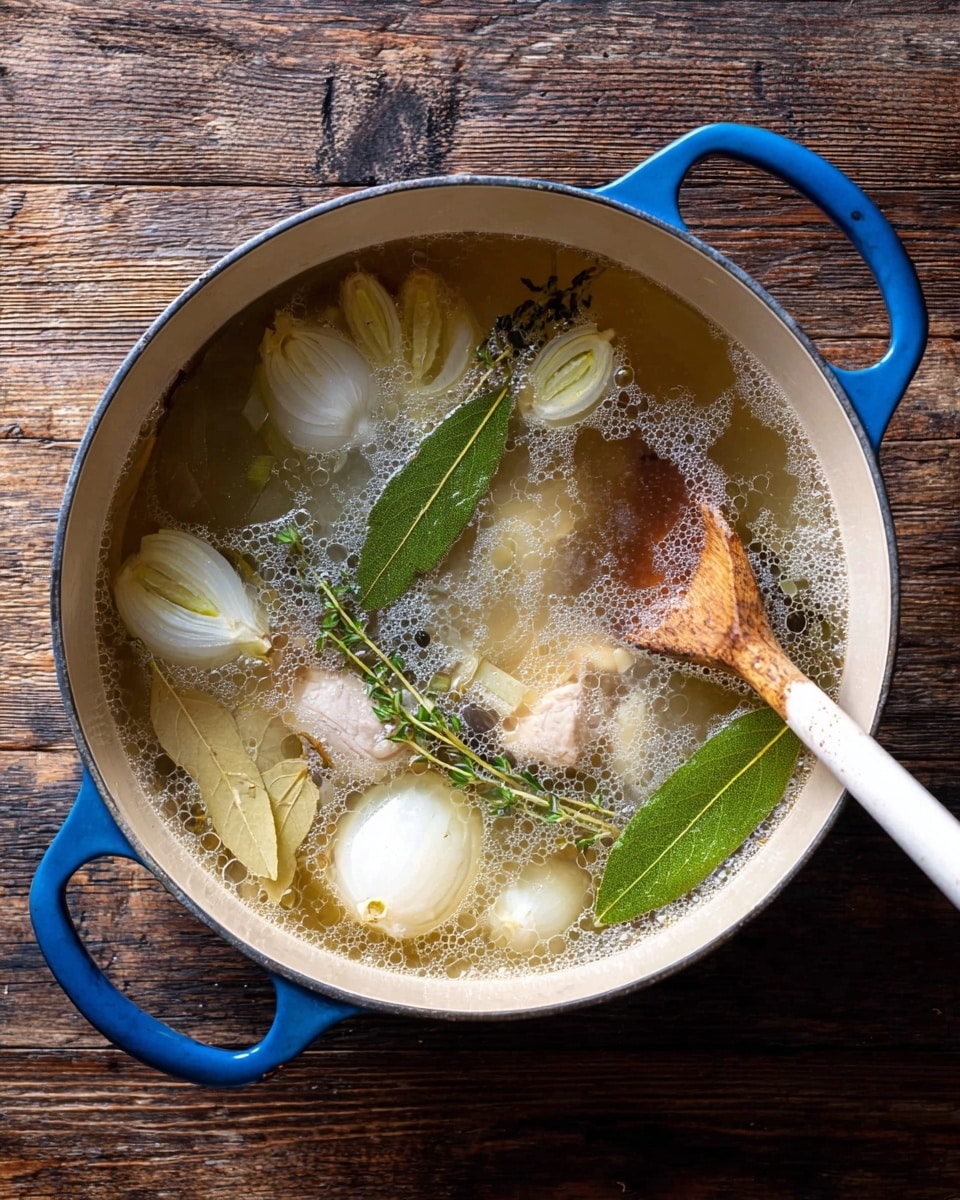 A white pot with blue handles is filled with clear broth containing several onion wedges, green herb sprigs, and a few bay leaves floating on top. The broth has small bubbles around the edges and pieces of light-colored meat are partially visible beneath the liquid. A wooden spoon with a white handle and a worn scoop rests diagonally on the pot, partly submerged in the broth. The pot sits on a rustic wooden surface. photo taken with an iphone --ar 4:5 --v 7