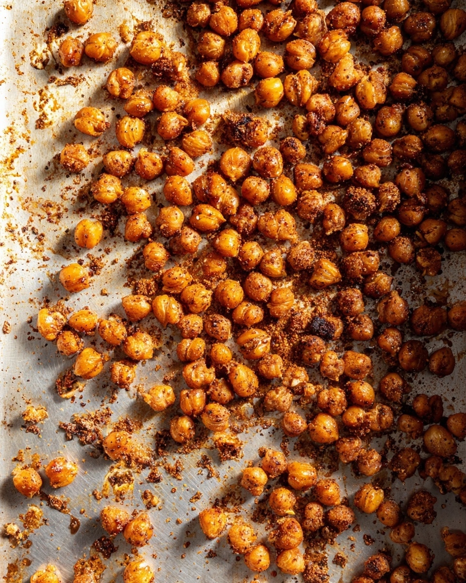 The image shows many small, round roasted chickpeas spread out on a light gray baking tray. Each chickpea is golden orange with a crispy texture, showing small black specks of seasoning. The close-up view highlights the rough surface of the chickpeas, some of which have slightly cracked skins and a light dusting of spice. The baking tray’s surface has bits of seasoning scattered around. The background is a white marbled texture. photo taken with an iphone --ar 4:5 --v 7