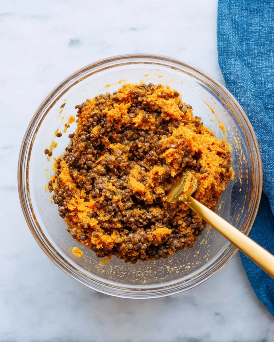 A clear glass bowl holds a mixture of brown lentils and orange mashed ingredients with a coarse, thick texture. A golden fork is inside the bowl, resting on the mixture with its handle pointing outward. The bowl is placed on a white marbled surface, and to the top right, there is a blue cloth partially visible. The photo taken with an iphone --ar 4:5 --v 7