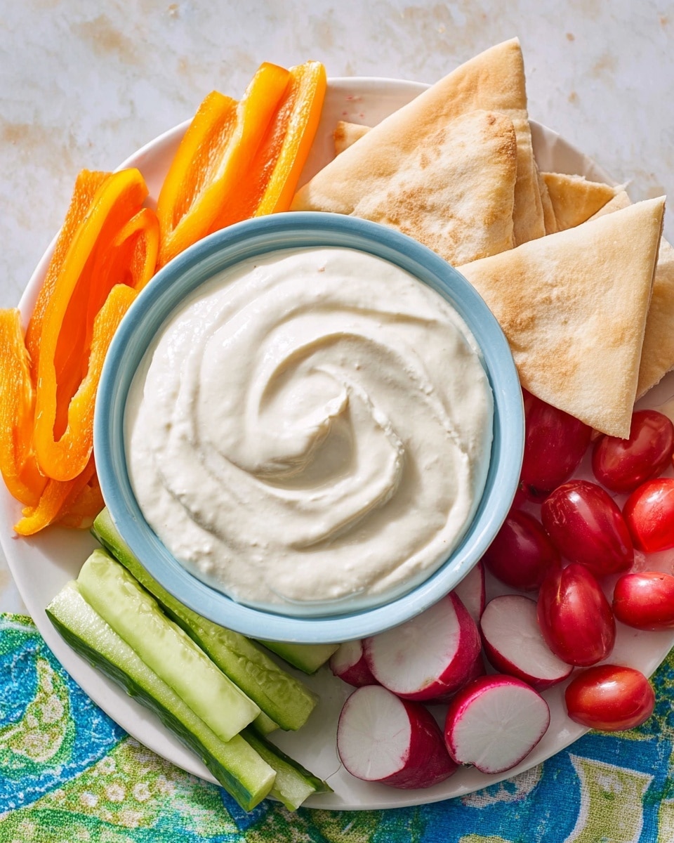 A white bowl filled with smooth, creamy white dip sits in the center of a white plate. Around the bowl, there are bright orange slices of bell pepper on the upper left, light beige triangles of pita bread on the upper right, halved red cherry tomatoes next to the pita bread on the right, thin green cucumber sticks below the tomatoes, and round slices of red radish with white centers near the cucumber at the bottom left. The plate rests on a white marbled surface with part of a green and blue patterned cloth visible at the bottom edge. Photo taken with an iphone --ar 4:5 --v 7