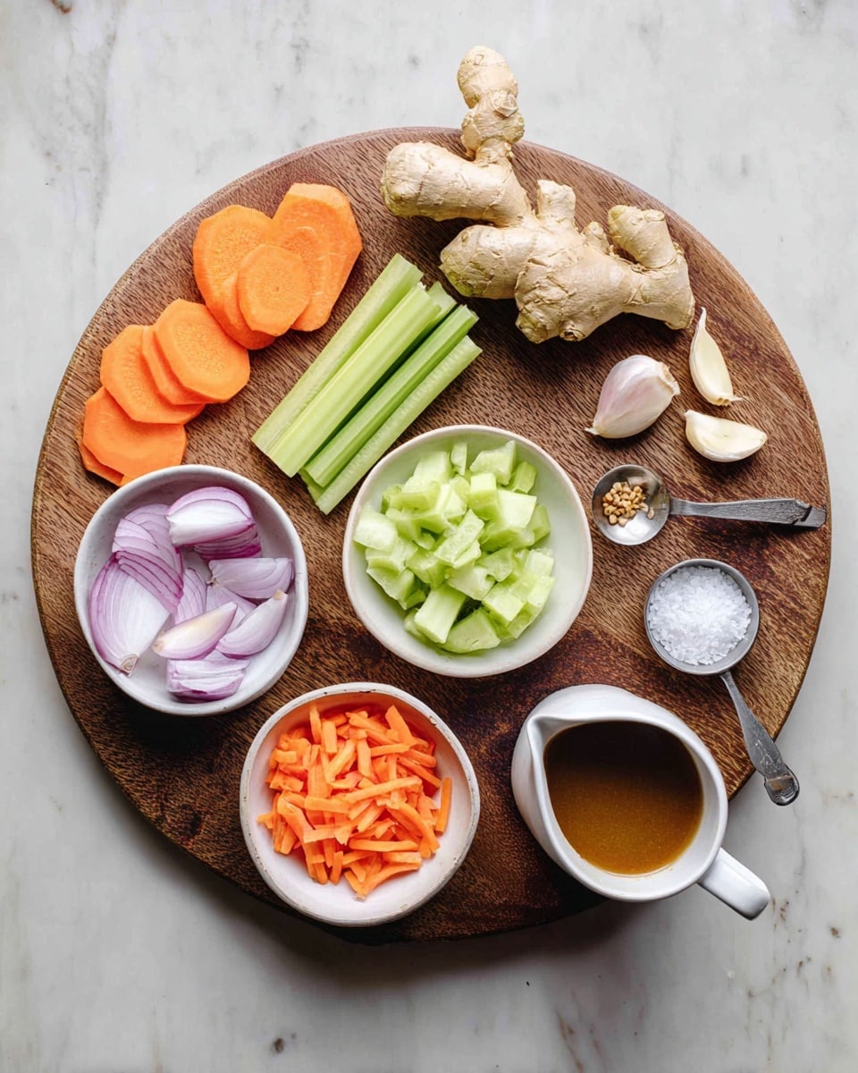A round wooden board sits on a white marbled surface, holding a variety of raw ingredients. On the top left are thick slices of orange carrot, next to a piece of fresh ginger root with a knobby shape. Below the carrot are three long celery sticks, and in a small white bowl are chopped celery pieces. Another white bowl below holds finely diced orange carrot. To the right of the celery bowl are thin slices of pale purple onion, next to three peeled garlic cloves and one small unpeeled clove. A small metal measuring spoon with coarse salt lies near the garlic. A white small pitcher with brown sauce inside is placed at the bottom right corner of the board. Photo taken with an iphone --ar 4:5 --v 7