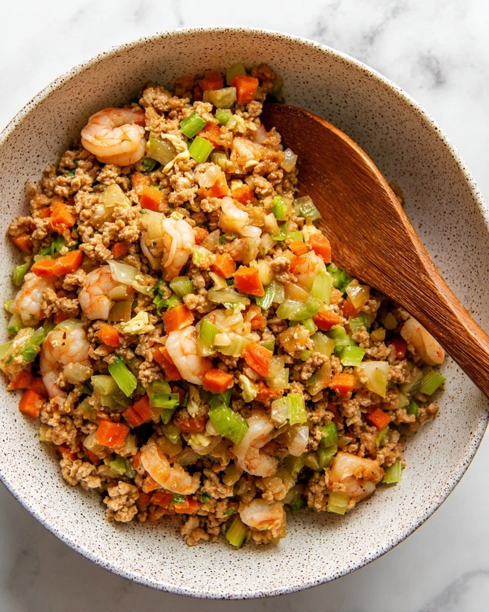 A close-up view of a mixed dish in a white speckled bowl filled with small chopped pieces of light brown ground meat, light pink shrimp, bright green celery chunks, and small orange carrot cubes. The ingredients are evenly mixed and look cooked with a slight shine. A wooden spoon is placed inside the bowl at the top right, showing its smooth grain texture. The bowl sits on a white marbled surface. photo taken with an iphone --ar 4:5 --v 7
