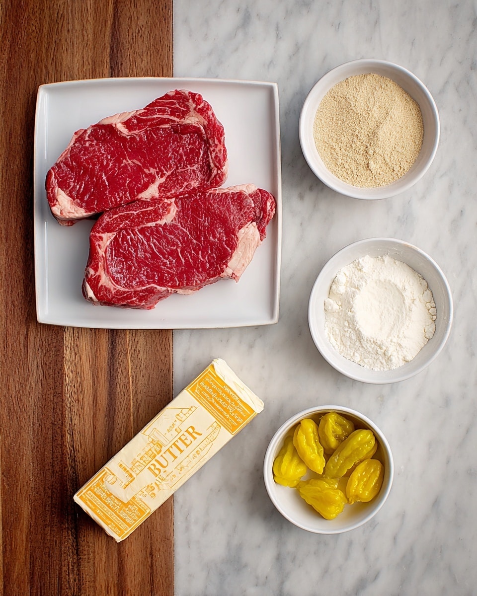 The image shows four food items placed neatly on a white marbled surface. At the top left, there is a white square plate holding two raw red beef steaks with visible marbling and some white fat edges. To the right of the steaks, there is a small white bowl filled with a light brown powder. Below that, slightly to the left, there is another small white bowl containing white flour. At the bottom right, a small white bowl holds several bright yellow pepperoncini peppers. At the very bottom of the image, a stick of unsalted butter wrapped in beige paper with orange text is placed horizontally. The textures and colors contrast clearly against the white marbled surface photo taken with an iphone --ar 4:5 --v 7