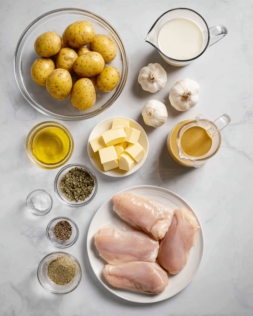 The image shows raw chicken pieces placed neatly on a white plate at the bottom center. Above the chicken, there is a glass bowl filled with small yellow potatoes, some whole and some sliced in half. To the right of the potatoes, a transparent glass pitcher holds a light brown liquid. Beside this, a small white bowl contains a smooth dollop of yellow mustard. To the left of the potatoes, a small glass bowl holds several cubes of yellow butter. Above that, two whole garlic bulbs are placed side by side on the white marbled surface. Next to the butter, there is a small bowl with mixed green herbs, and in front of it, a small bowl with half salt and half black pepper. Towards the bottom left, there is a small glass bowl filled with golden olive oil. A small glass jug filled with white milk is located near the top left of the image. All food items are arranged neatly on a white marbled surface, creating a clean and organized look. photo taken with an iphone --ar 4:5 --v 7