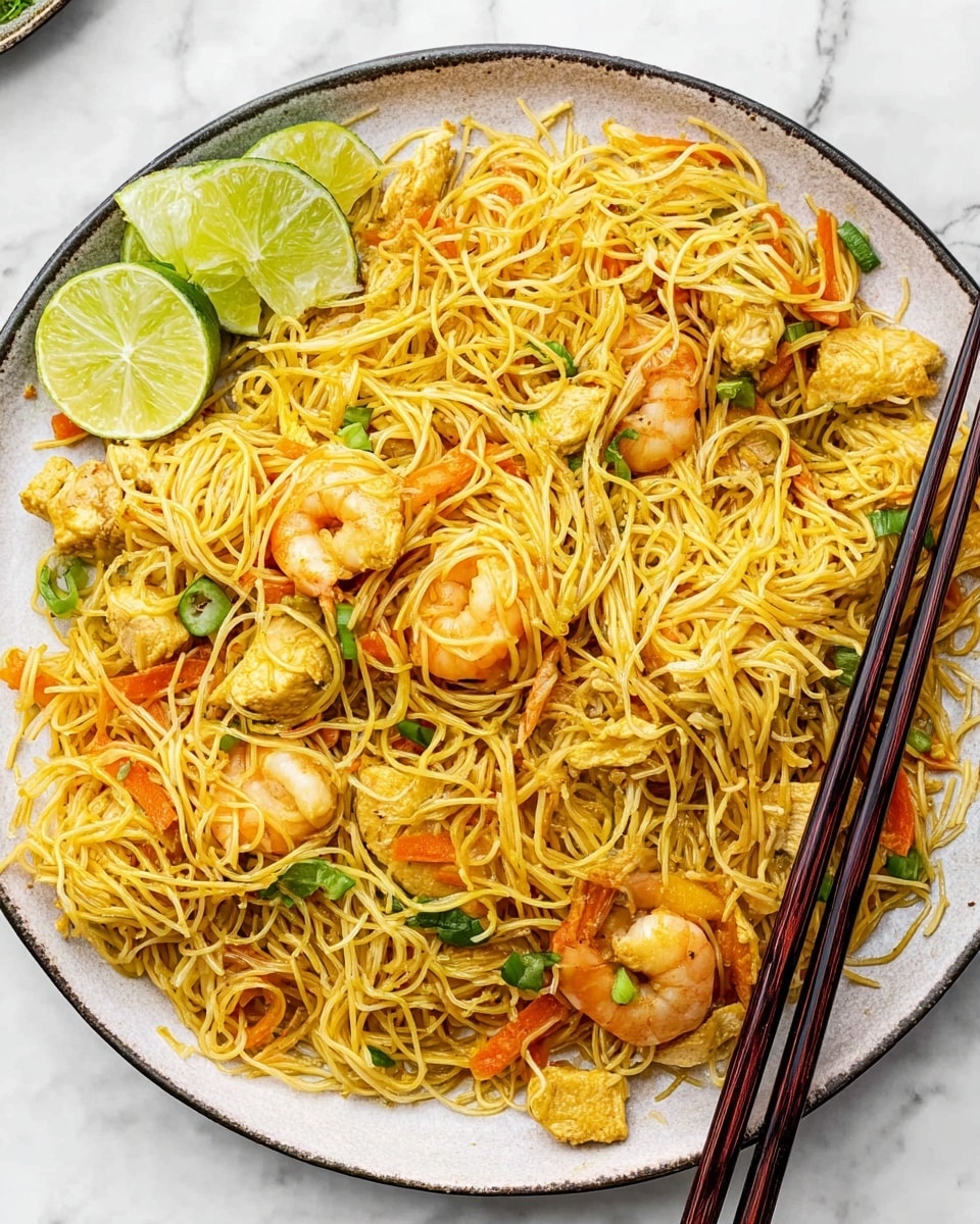 A large round white plate filled with thin yellow noodles mixed with small pieces of light yellow cooked chicken and orange carrot strips, scattered with small green scallions, and several whole white shrimp with a slight orange tint. There are two lime wedges placed on the top left side of the plate. A pair of dark brown chopsticks rests on the right side of the plate. The plate is on a white marbled surface, and the colors of the food show a fresh and warm tone. photo taken with an iphone --ar 4:5 --v 7