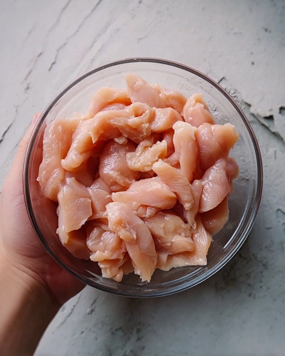A clear glass bowl filled with many pieces of raw, pale pink chicken strips that have a soft and slightly shiny texture. The bowl is held by a woman's hand on the left side against a white marbled texture surface background. The chicken pieces fill almost the whole bowl, showing their smooth and slightly wet look. photo taken with an iphone --ar 4:5 --v 7