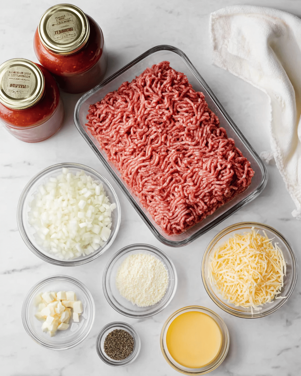 The image shows cooking ingredients arranged over a white marbled surface. At the center is a clear rectangular glass container filled with raw ground meat, displaying a pinkish-red texture with tightly packed strands. To the top left, there are two jars of red sauce with golden lids, placed close together. Surrounding these are small round glass bowls: one with finely chopped white onions to the left of the meat, one with grated white cheese below the meat, one with grated Parmesan cheese at the top right, and one with melted yellow butter to the bottom right. Additionally, there are two small bowls with black pepper and mixed spices, one near the bottom center and one on the left side of the plate. A small bowl of minced garlic sits near the upper middle of the frame. Finally, a white napkin is partially visible in the top right corner. photo taken with an iphone --ar 4:5 --v 7