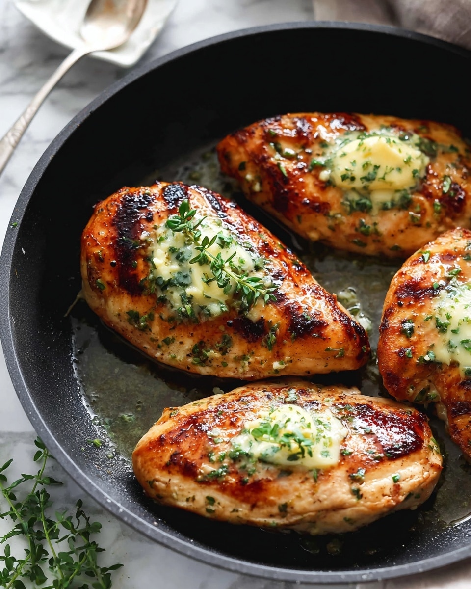 A white plate holds a grilled chicken breast sliced into five even pieces, showing its golden-brown, slightly charred surface with black pepper specks. On top runs a glistening layer of melted herb butter, creamy white with green herbs spread unevenly. To the left of the chicken is a small bunch of fresh, dark green leafy arugula. A silver fork rests on the right edge of the plate. The dish sits on a white marbled textured surface. photo taken with an iphone --ar 4:5 --v 7