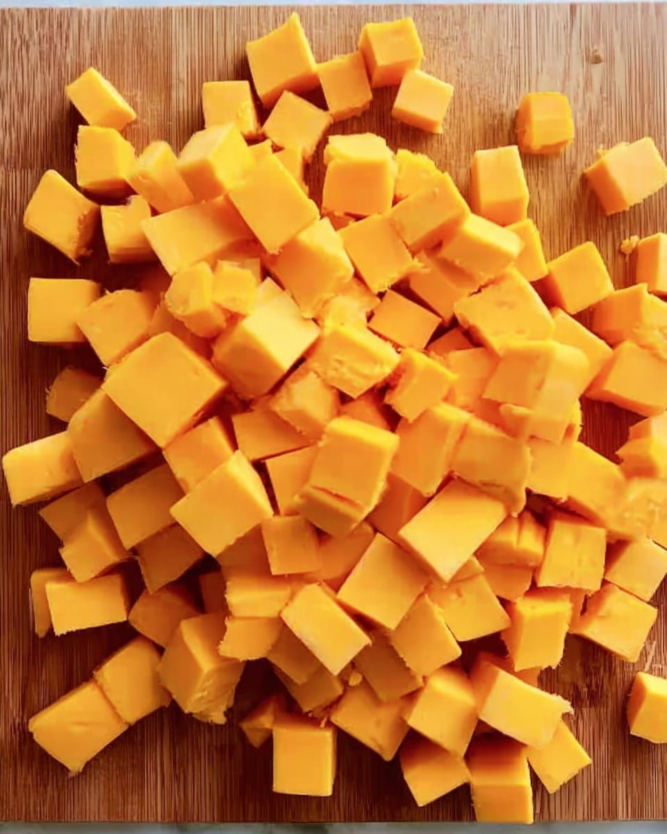 The image shows many small cubes of bright orange cheese spread across a wooden cutting board. The cheese pieces are neatly cut into roughly equal sizes, with smooth, clean edges and a firm texture. The wooden board has a natural brown color with visible grains, and the cheese pieces cover most of its surface. Photo taken with an iphone --ar 4:5 --v 7