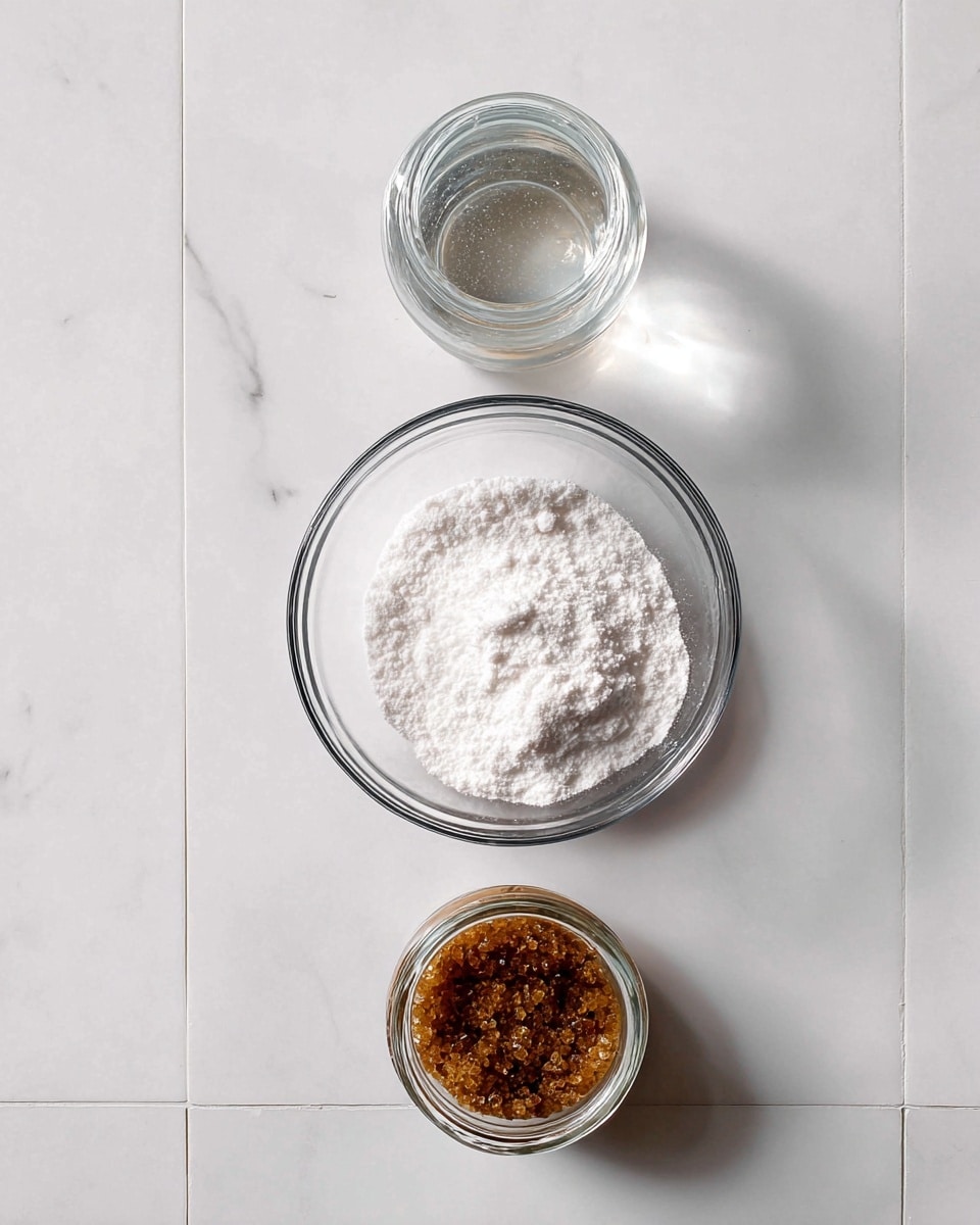 This image shows three containers placed on a white marbled tile surface, arranged vertically. In the middle, there is a clear glass bowl filled with a mound of white powder, which has a fine, soft texture. Above it, there is a small clear glass jar filled with a transparent liquid, with light reflecting off the surface. Below the bowl, there is a small clear glass jar containing a coarse, brown granulated substance that looks rich and slightly moist. The jars and bowl are simple and clear, emphasizing the contrast of the different textures and colors of the contents. photo taken with an iphone --ar 4:5 --v 7