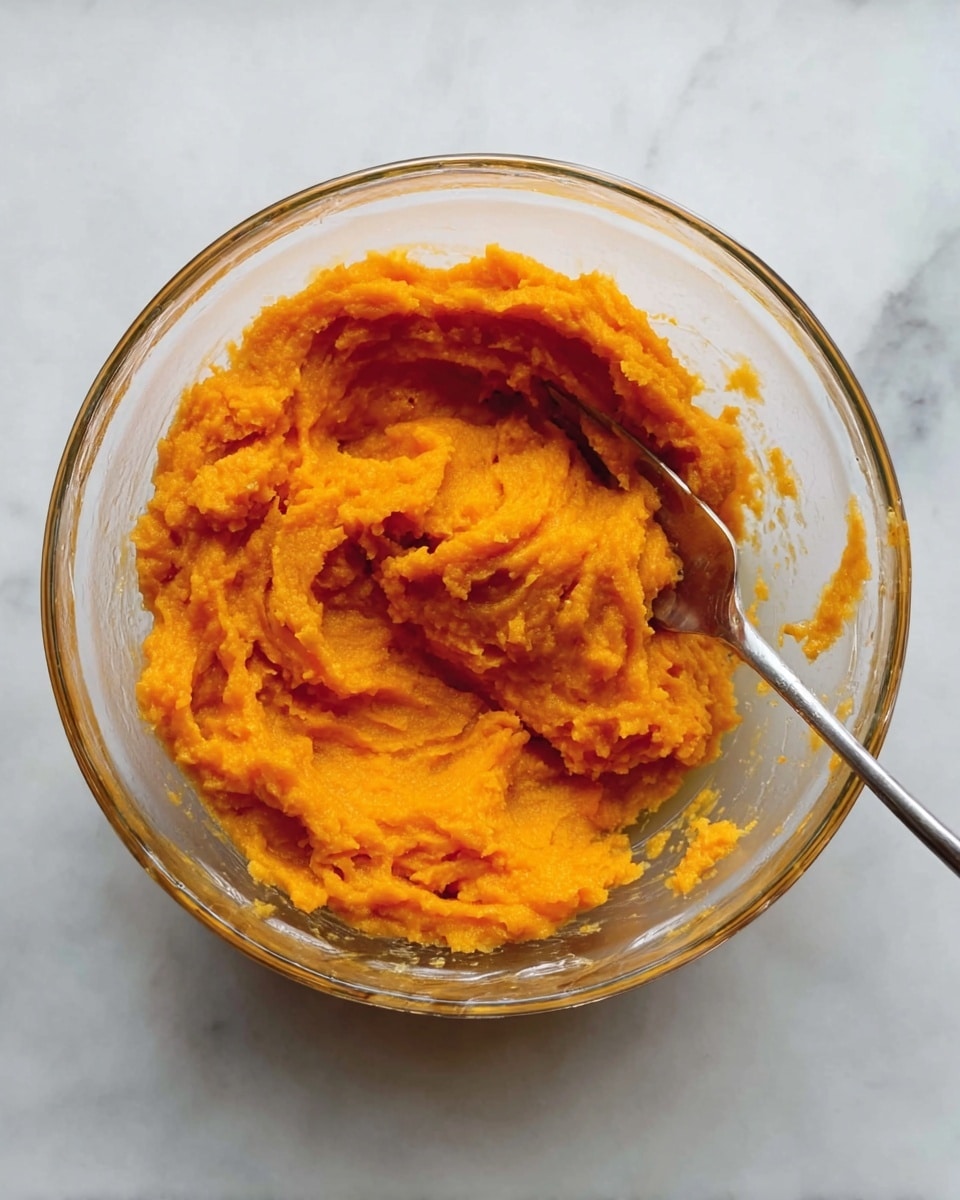 A clear glass bowl sits on a white marbled surface, filled with one main layer of bright orange mashed sweet potato. The mashed sweet potato has a soft, slightly chunky texture, with visible swirls and ridges from mixing. A silver fork rests inside the bowl, partially submerged in the mash, with the handle extending out towards the bottom right corner of the image. The scene is simple, focusing on the single vibrant orange layer in the bowl, highlighting its smooth but textured appearance. photo taken with an iphone --ar 4:5 --v 7