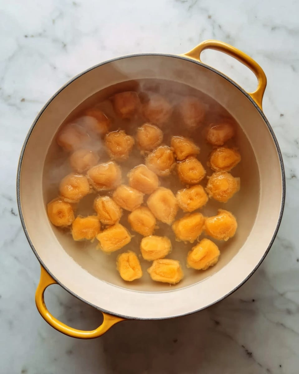 A white round pot with yellow handles is filled with small orange pieces boiling in clear water. The pieces look soft and puffy, floating evenly in the pot. The pot sits on a white marbled surface. Steam rises gently from the pot, showing the heat of the water. photo taken with an iphone --ar 4:5 --v 7