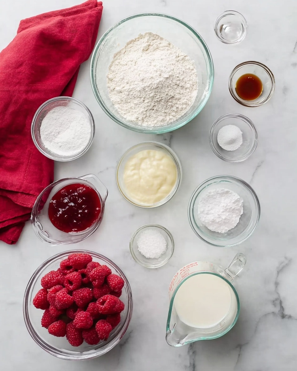 The image shows several clear glass bowls and containers arranged on a white marbled surface, each holding different baking ingredients. At the center is a large clear bowl containing egg whites with a slightly bubbly texture. Above it is a medium bowl with white flour, and to the right top is another bowl full of white sugar. Around these, smaller glass bowls hold salt, vanilla extract, and other small ingredients. On the bottom left, there are two clear containers filled with fresh red raspberries, and next to them is a small white bowl of red jam. A clear measuring cup near the bottom center contains a light cream liquid. A red cloth is placed to the upper left side of the surface. photo taken with an iphone --ar 4:5 --v 7