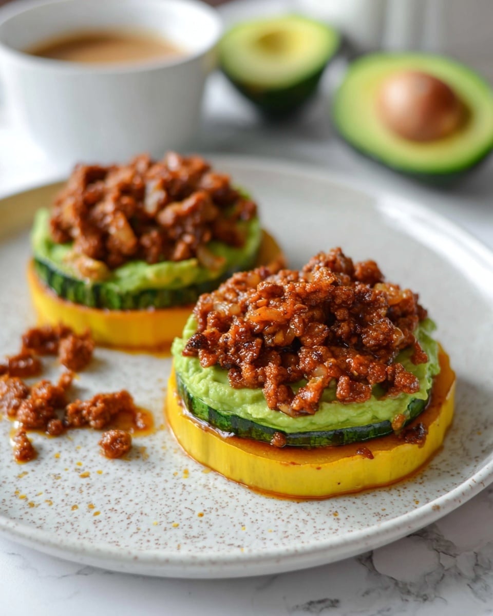 The dish shows two round slices of grilled yellow squash as the bottom layer, each topped with a thick layer of bright green mashed avocado in the middle, and finished with a generous heap of browned, crumbled cooked meat with a shiny glaze on top. The two stacks sit on a speckled white plate, with some meat crumbles scattered nearby. In the blurred background, a halved avocado and a white bowl with light brown sauce are visible, all set on a white marbled surface. photo taken with an iphone --ar 4:5 --v 7